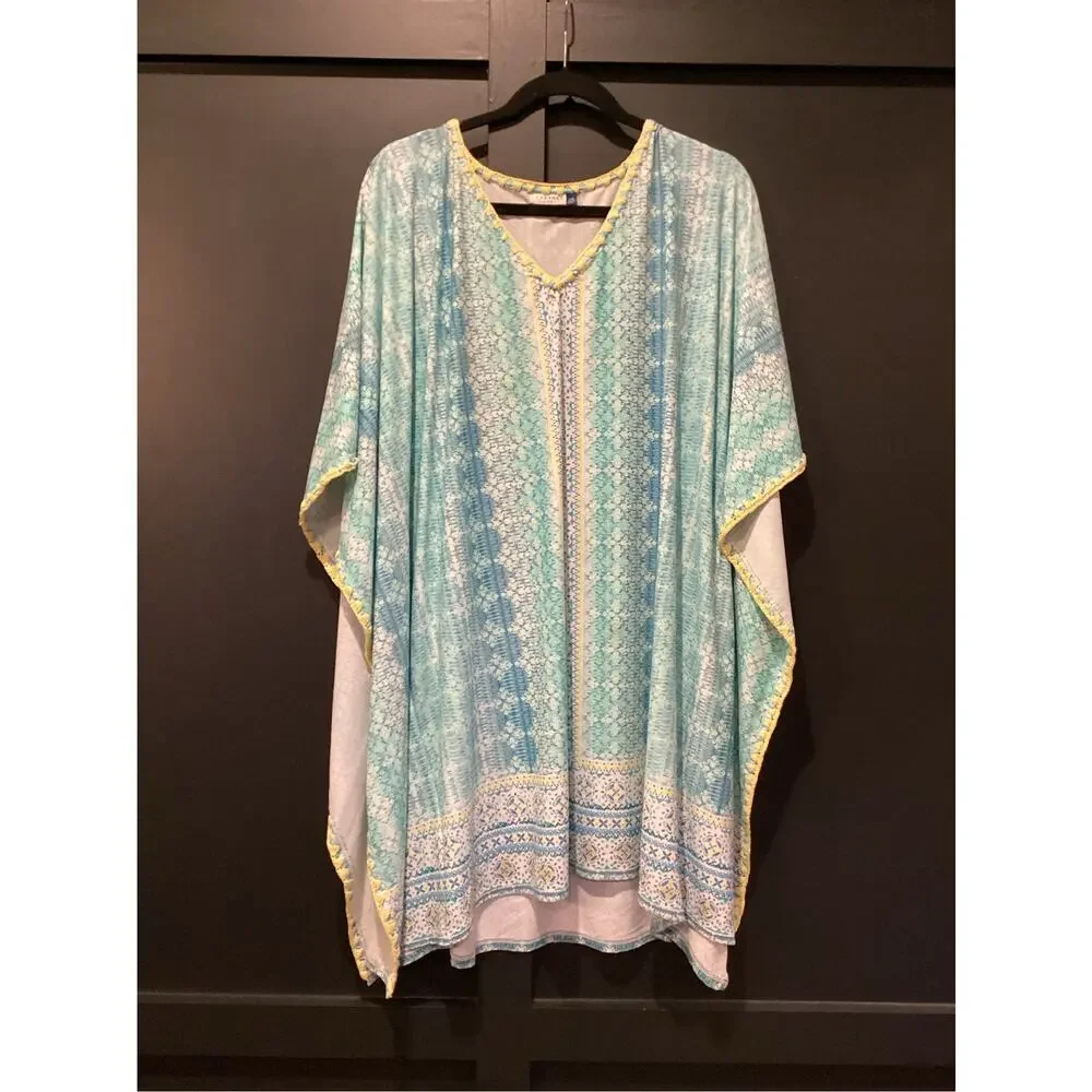 Cabana life blue geo patterned caftan beach cover up tunic dress  L/XL